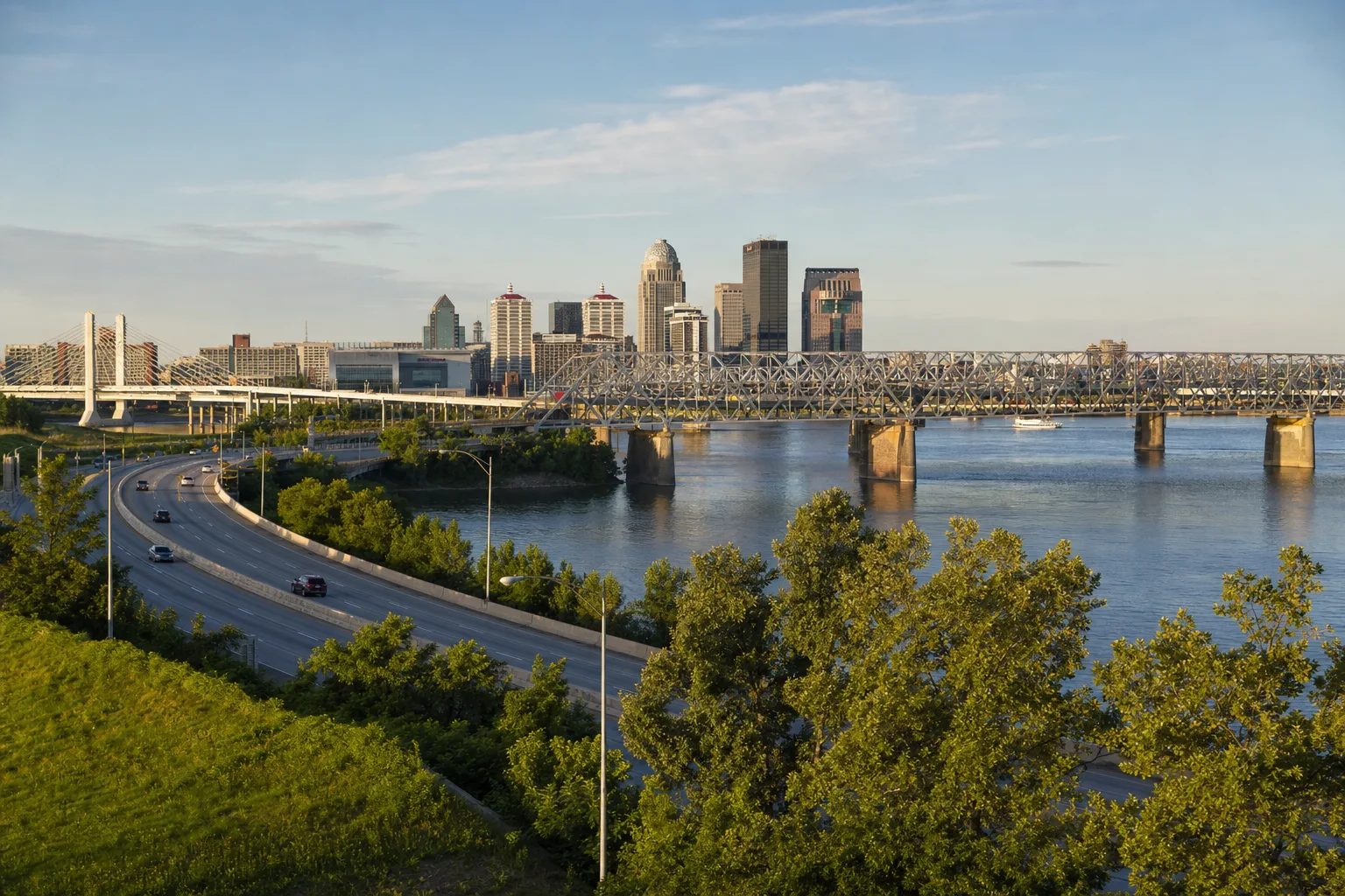 Louisville skyline reflected on the Ohio River near downtown
