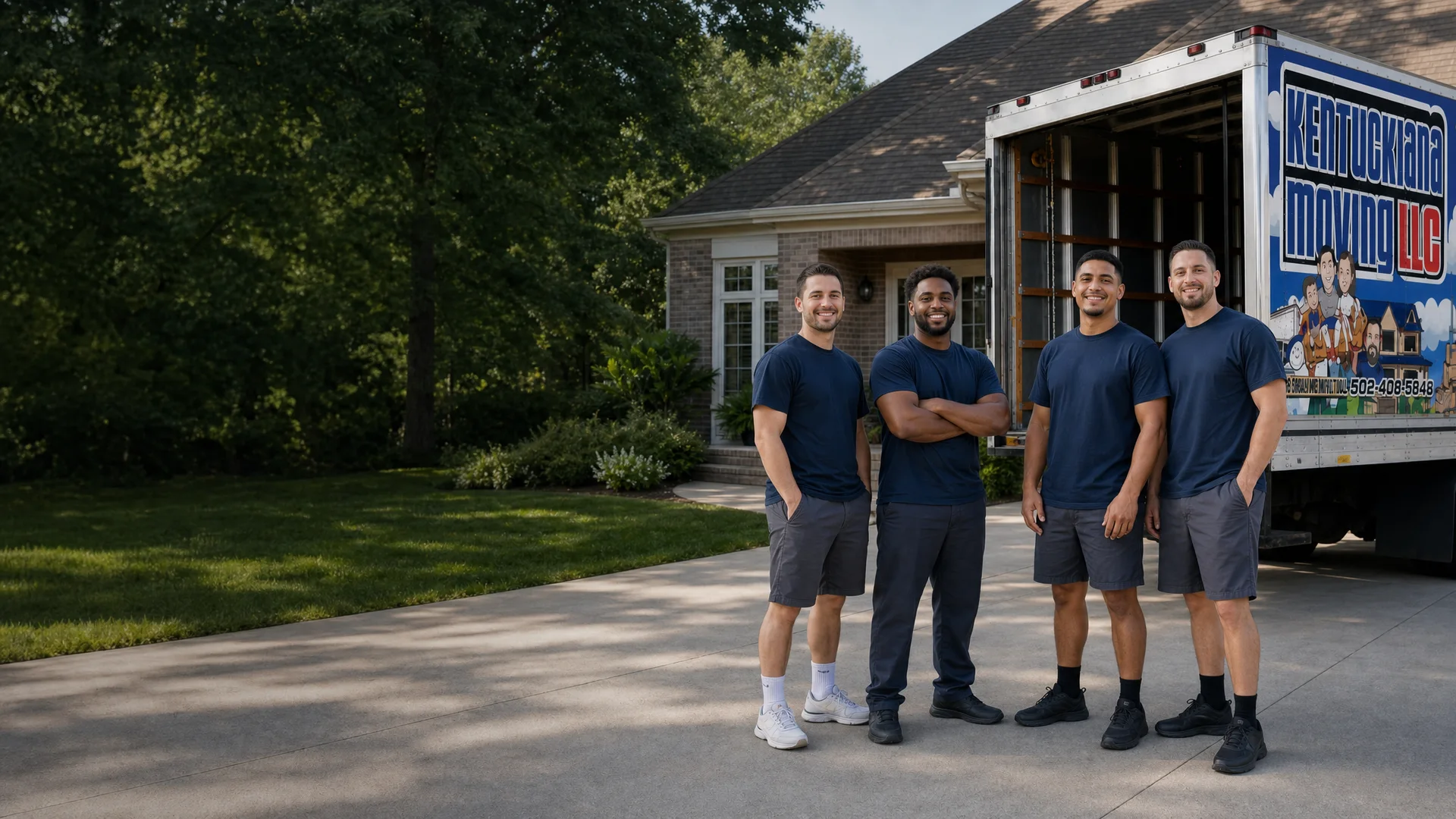 Four movers standing beside a blue Kentuckiana Moving truck