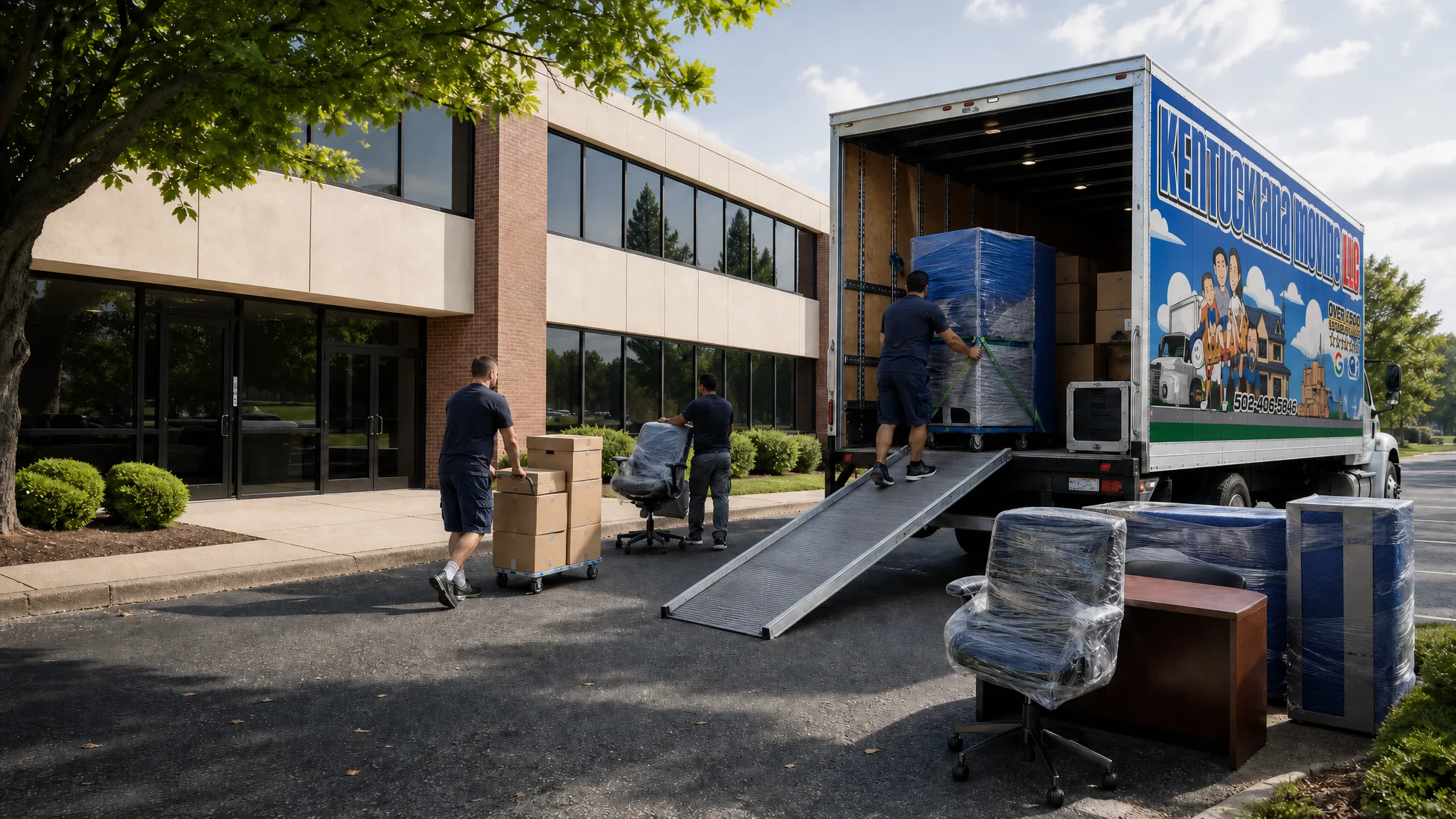 Kentuckiana Moving branded truck outside a business for commercial moving service