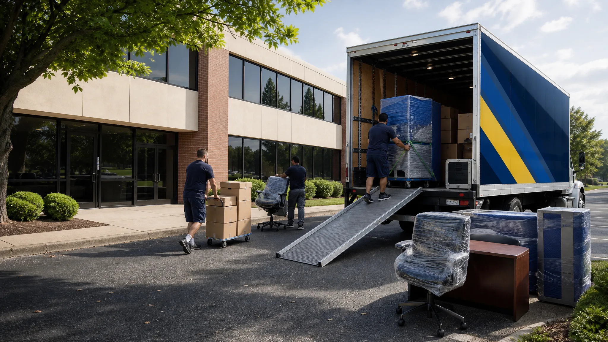 Commercial moving crew loading wrapped office furniture outside a business building