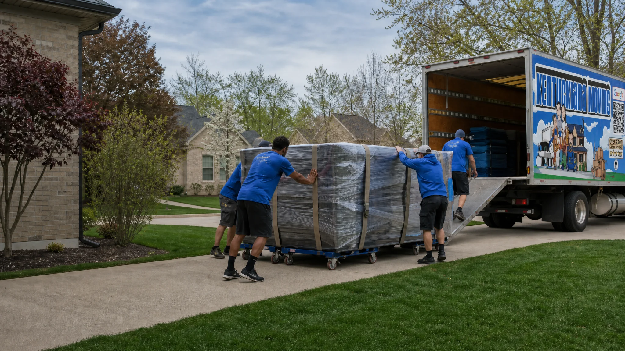 Kentuckiana Moving crew preparing heavy-item hot tub moving with a branded truck