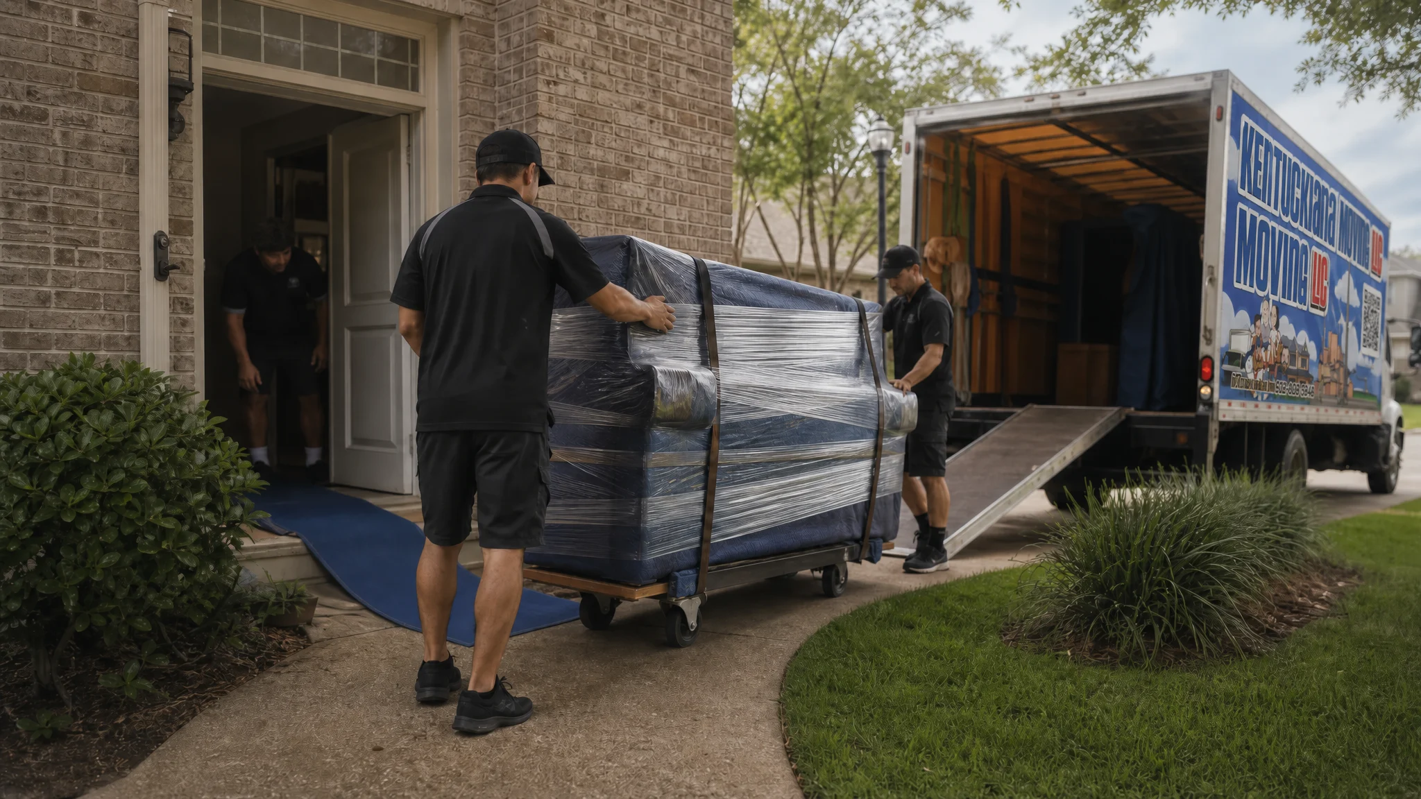Kentuckiana Moving crew handling specialty piano moving with a branded truck